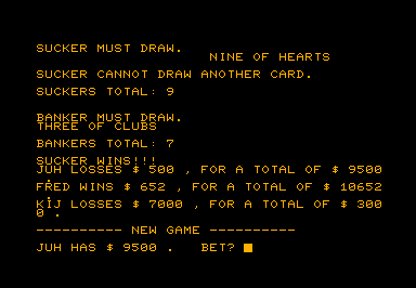 Baccarat game screenshot for Commodore PET