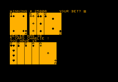 Blackjack game screenshot for Commodore PET