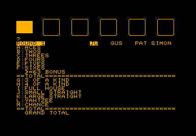 Yahtzee game screenshot for Commodore PET