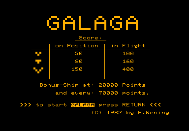 Galaga game screenshot for Commodore PET