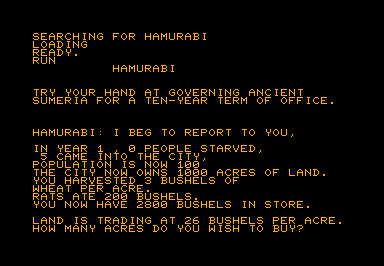 Hamurabi game screenshot for Commodore PET