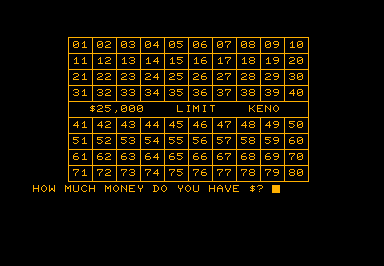 Keno game screenshot for Commodore PET