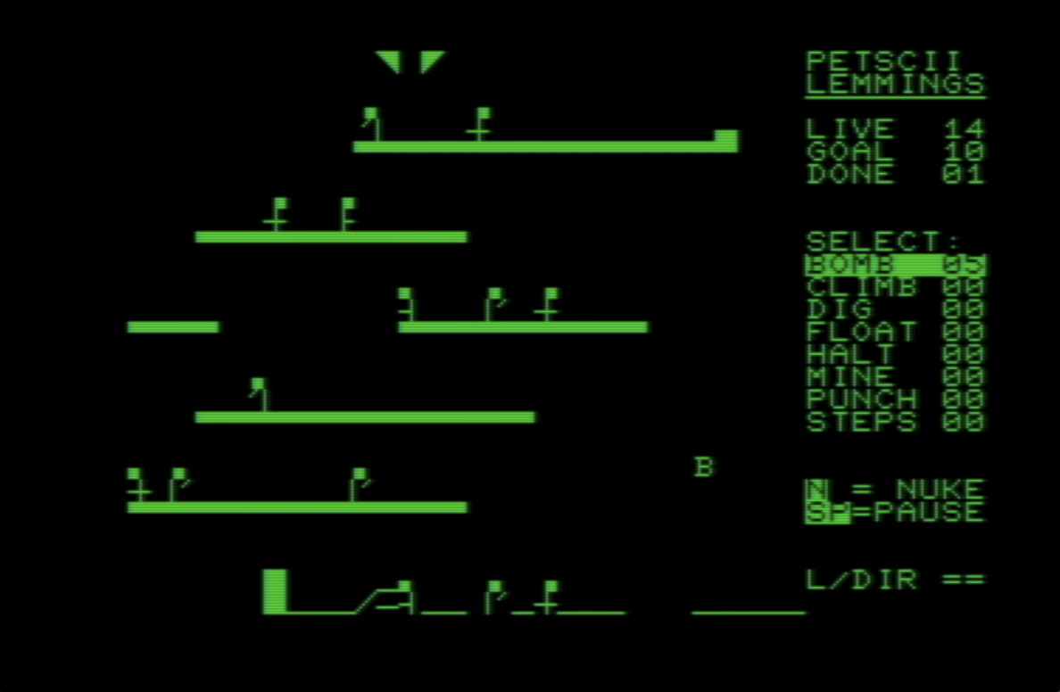 PETSCII Lemmings game screenshot for Commodore PET