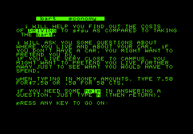 Bart Economy game screenshot for Commodore PET